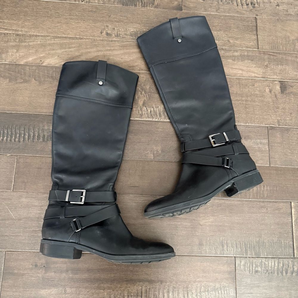 Vince Camino Pazell Leather Tall Riding Boots Black Buckle Full Zip Knee High